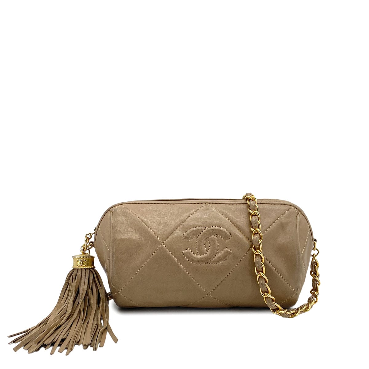 Luxury Promise Japan VINTAGE CHANEL COCOMARK MATELASSE FRINGE CHAIN SHOULDER BAG BEIGE LAMB SKIN GOLD HARDWARE 90310127