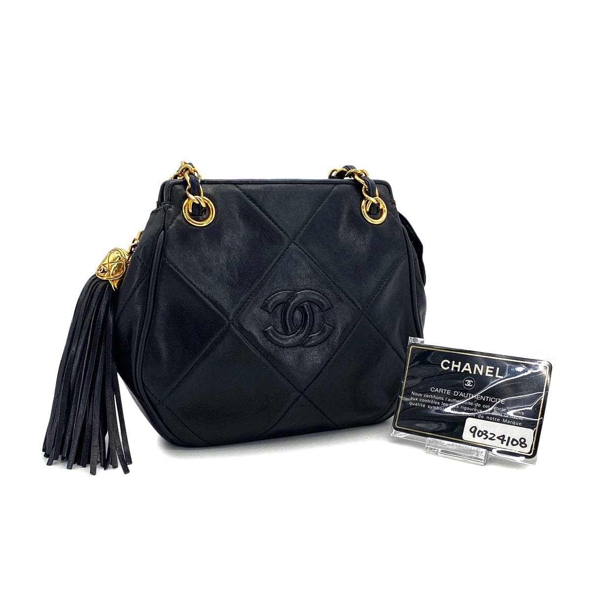 Luxury Promise Japan VINTAGE CHANEL COCOMARK MATELASSE FRINGE CHAIN SHOULDER BAG BLAK LAMB SKIN GOLD HARDWARE 90324108