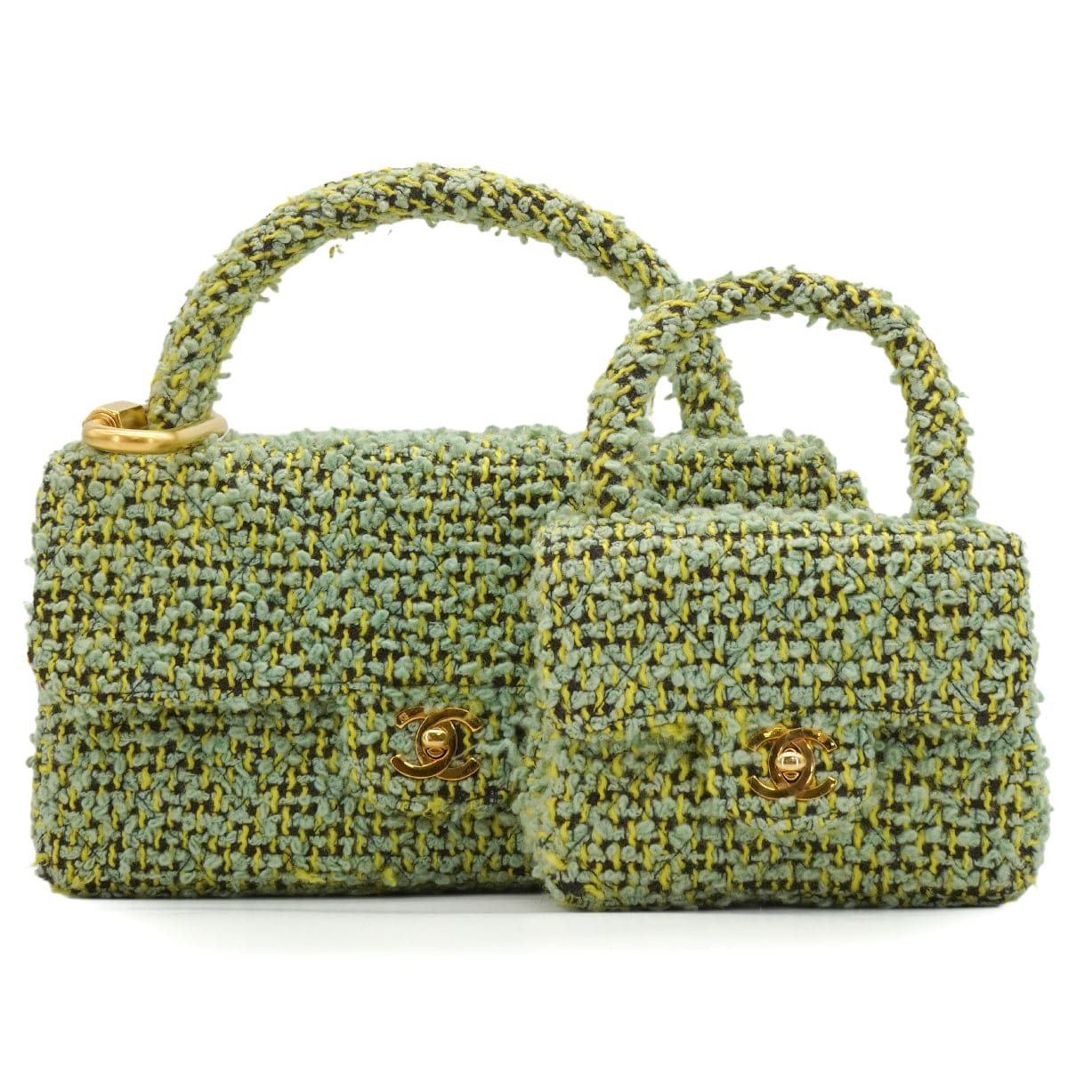 Luxury Promise Japan VINTAGE CHANEL COCOMARK PARENT-CHILD HAND BAG GREEN TWEED GOLD HARDWARE 90344362