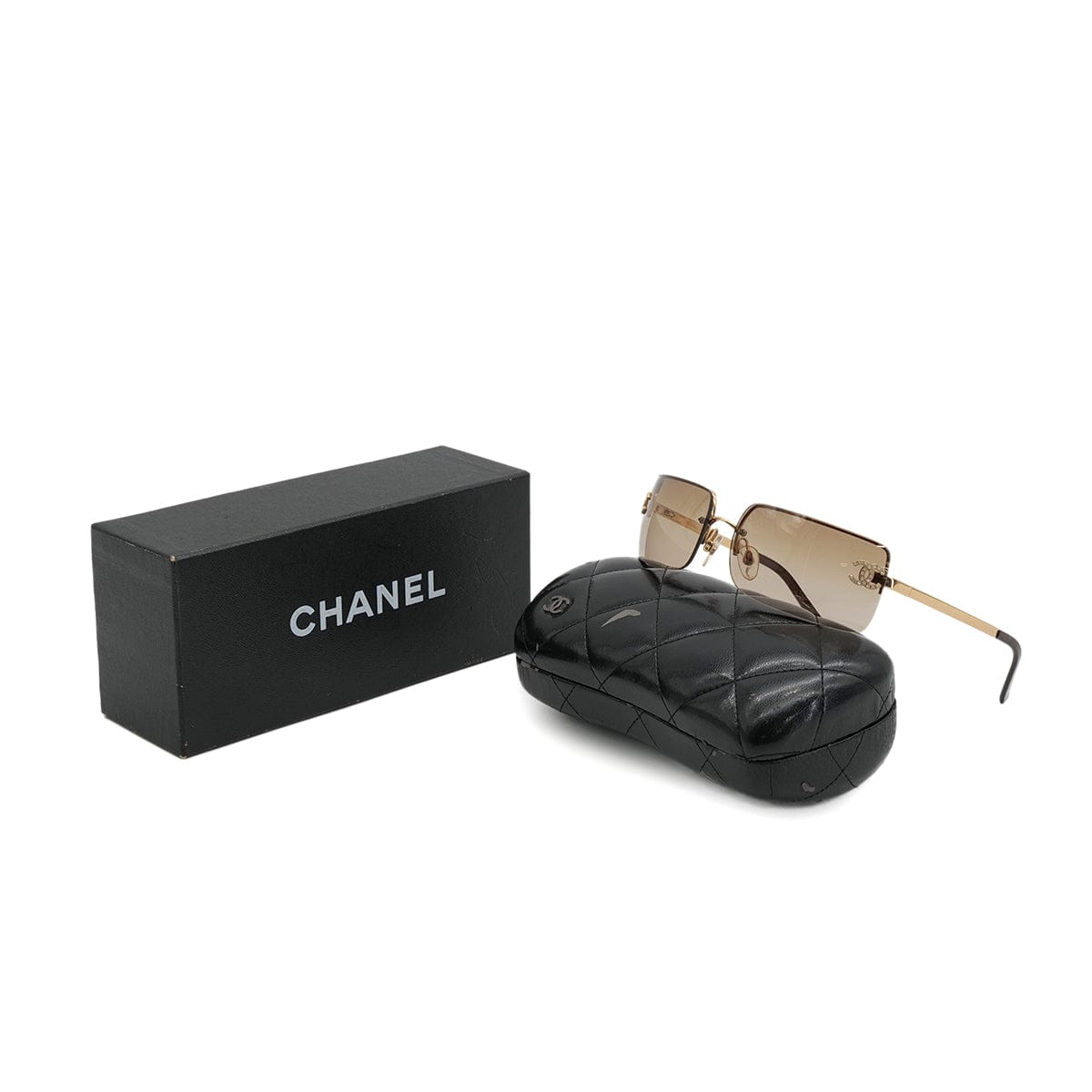 Luxury Promise Japan VINTAGE CHANEL COCOMARK RHINESTONE RIMLESS SUNGLASSES GOLD BROWN EYEWEAR 90323157