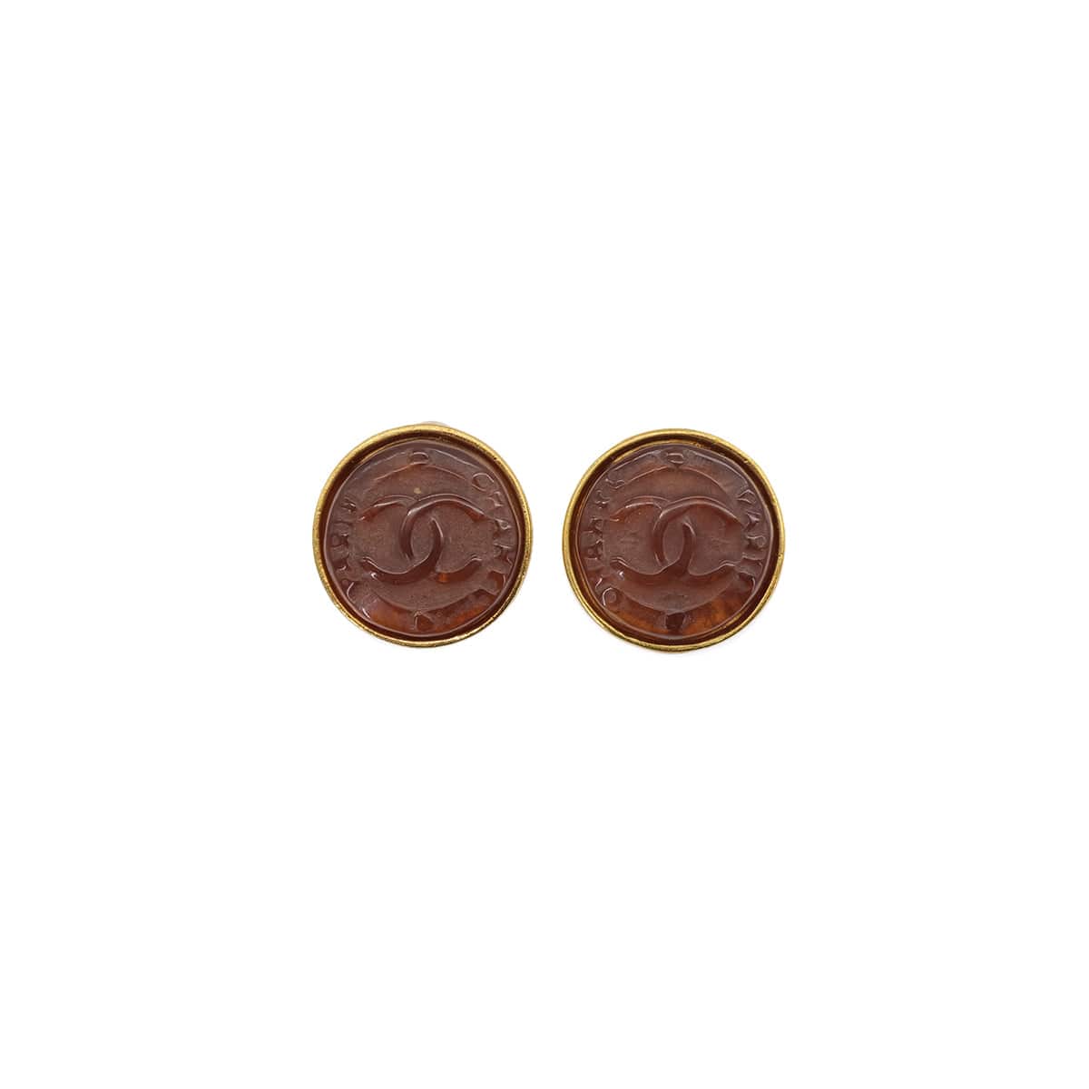 Luxury Promise Japan VINTAGE CHANEL COCOMARK ROUND EARRINGS BROWN GOLD ACCESSORY 99A 90323492