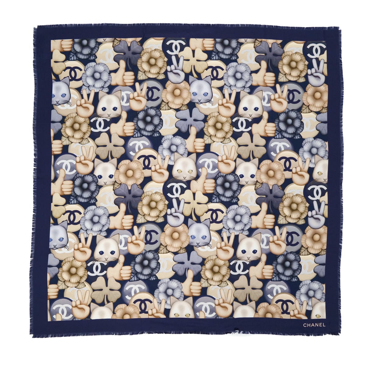 Luxury Promise Japan VINTAGE CHANEL COCOMARK SCALF CHOUPETTE CAT PRINT NAVY SILK 90321071