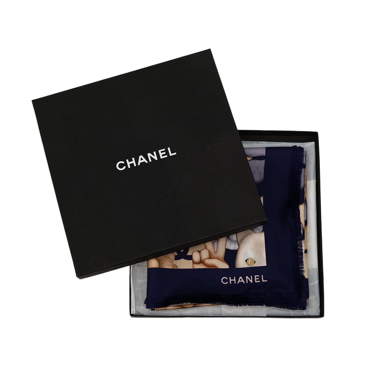 Luxury Promise Japan VINTAGE CHANEL COCOMARK SCALF CHOUPETTE CAT PRINT NAVY SILK 90321071