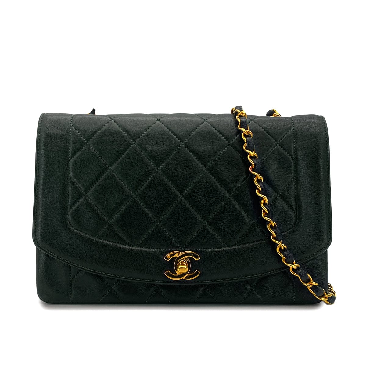 Luxury Promise Japan VINTAGE CHANEL DIANA MEDIUM CHAIN SHOULDER BAG DARK GREEN LAMB SKIN GOLD HARDWARE 90323198