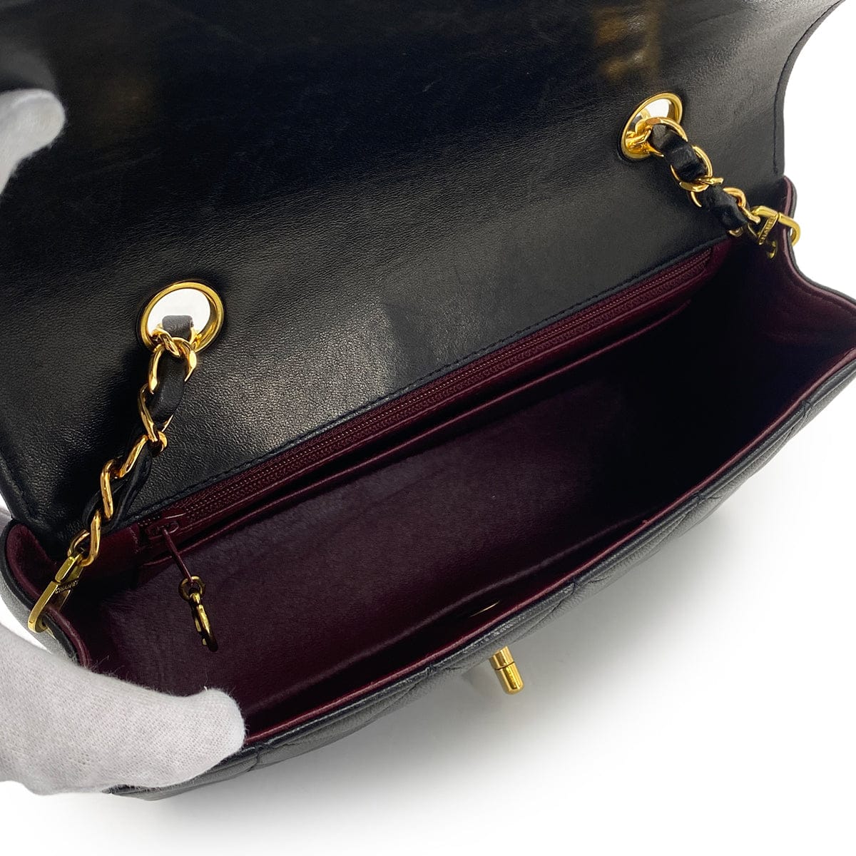 Luxury Promise Japan VINTAGE CHANEL DIANA SMALL CHAIN SHOULDER BAG BLACK LAMB SKIN GOLD HARDWARE 90323095