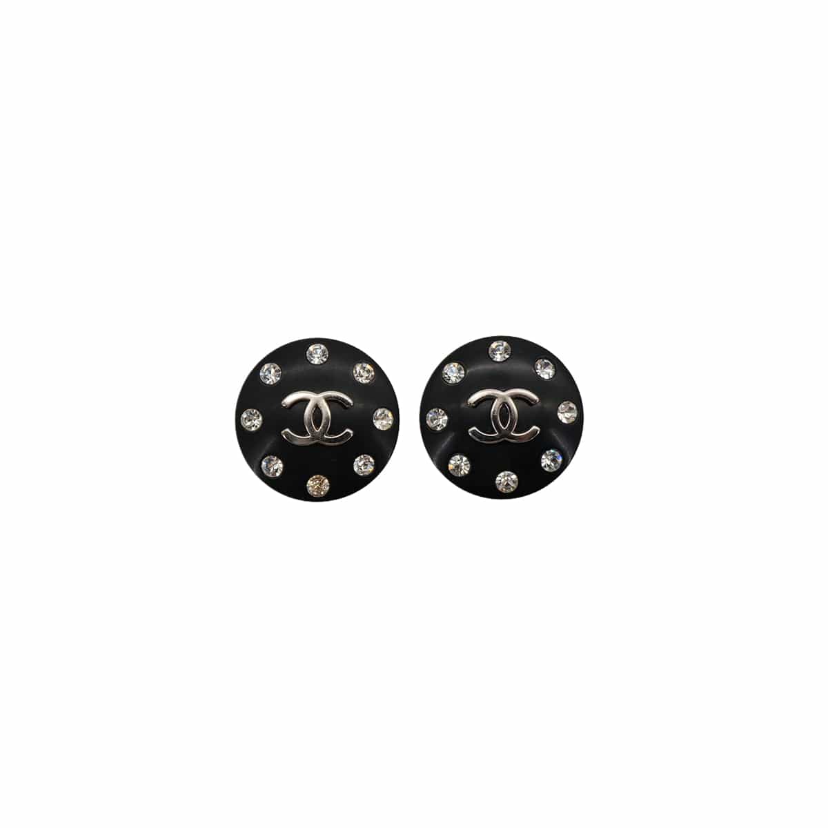 Luxury Promise Japan VINTAGE CHANEL EARRINGS COCOMARK ROUND RHINESTONE BLACK SILVER ACCESSORY 96P 90323140