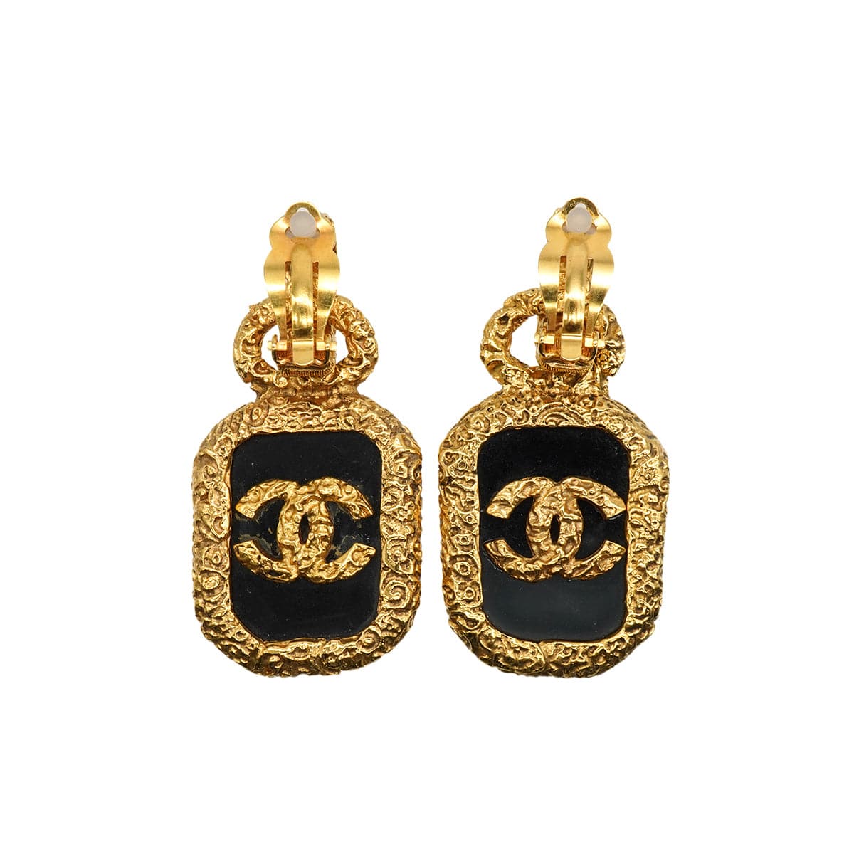 Luxury Promise Japan VINTAGE CHANEL EARRINGS LAVA COCOMARK SWING GOLD BLACK ACCESSORY 93A 90346692