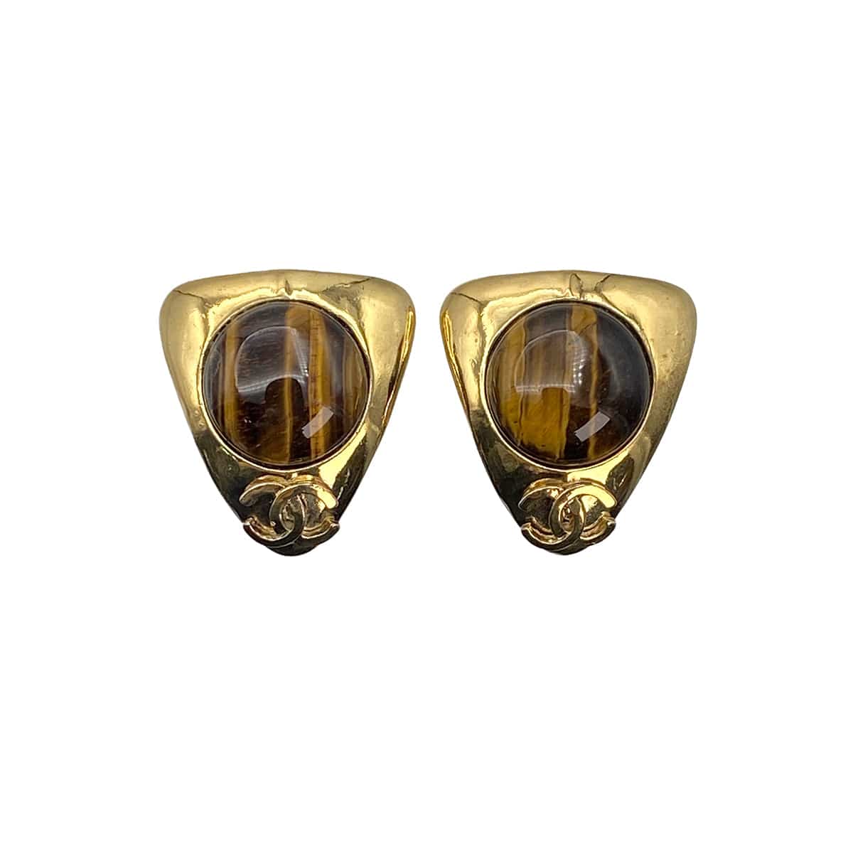 Luxury Promise Japan VINTAGE CHANEL EARRINGS TIGER EYE COCOMARK BROWN GOLD ACCESSORY 97P 90321043