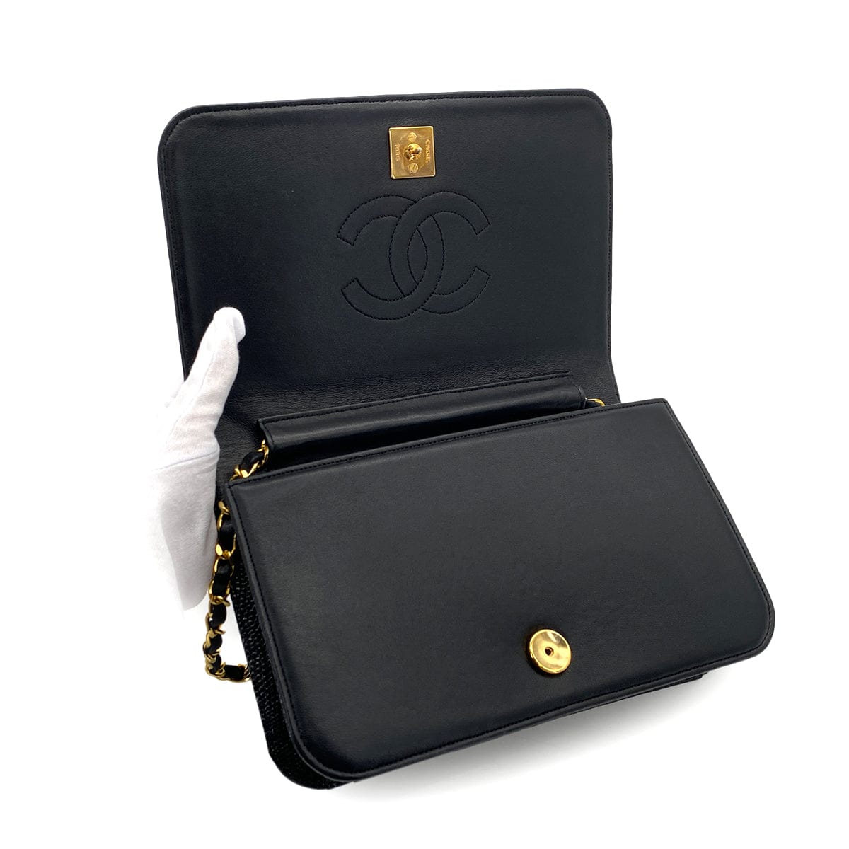 Luxury Promise Japan VINTAGE CHANEL FULL FLAP CHAIN SHUOLDER BAG BLACK LIZARD GOLD HARDWARE 90311973