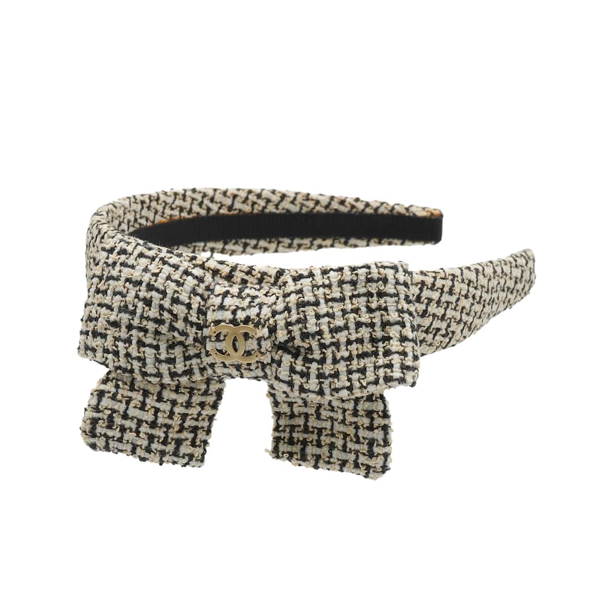Luxury Promise Japan VINTAGE CHANEL HEADBAND COCOMARK RIBBON BLACK WHITE BEIGE TWEED HAIR ACCESSORY 90339684