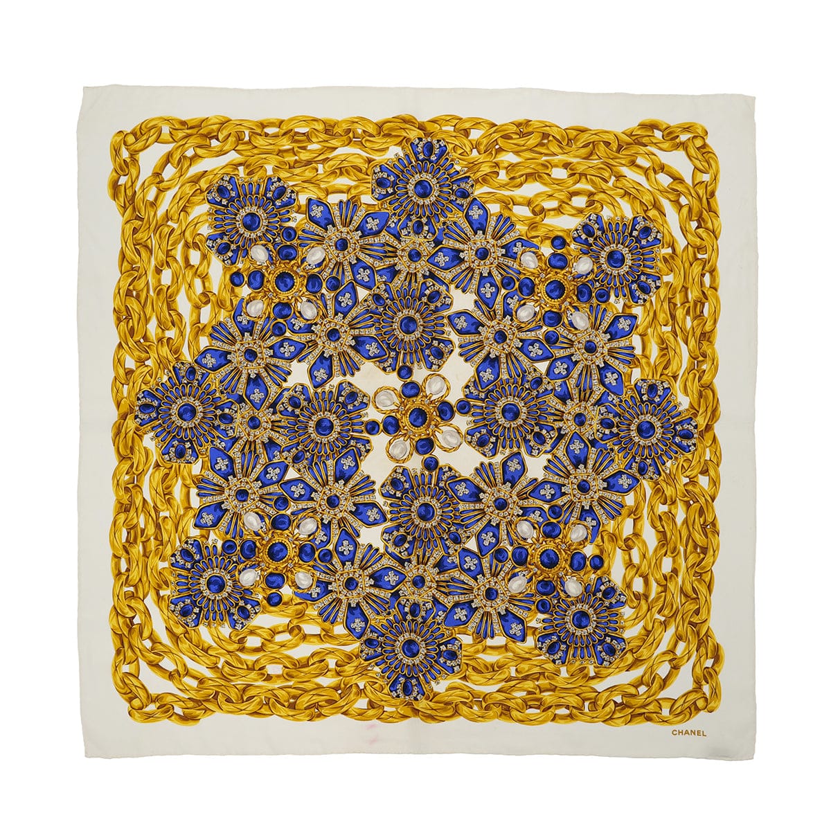 Luxury Promise Japan VINTAGE CHANEL JEWELRY CHAIN PATTERN SCARF WHITE BLUE GOLD SILK 90322222
