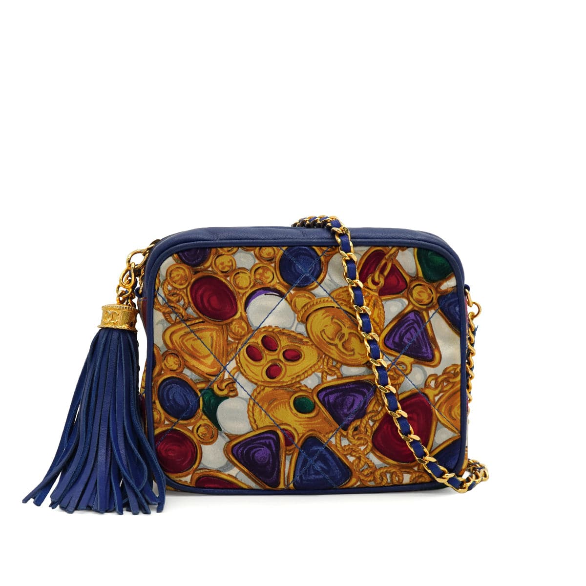 Luxury Promise Japan VINTAGE CHANEL JEWELRY PATTERN FRINGE MINI CHAIN SHOULDER BAG BLUE LAMB SKIN GOLD HARDWARE 90342592