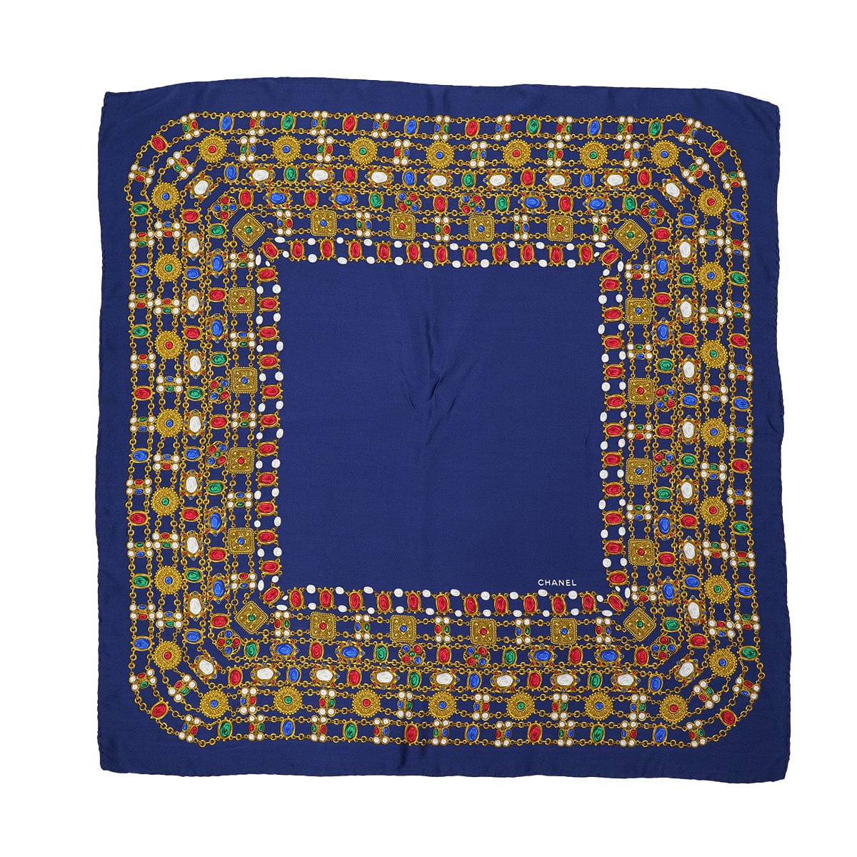 Luxury Promise Japan VINTAGE CHANEL JEWELRY PATTERN SCARF BLUE MULTICOLOR SILK 90322149