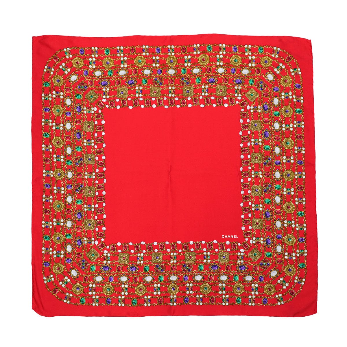 Luxury Promise Japan VINTAGE CHANEL JEWELRY PATTERN SCARF RED MULTICOLOR SILK 90322219