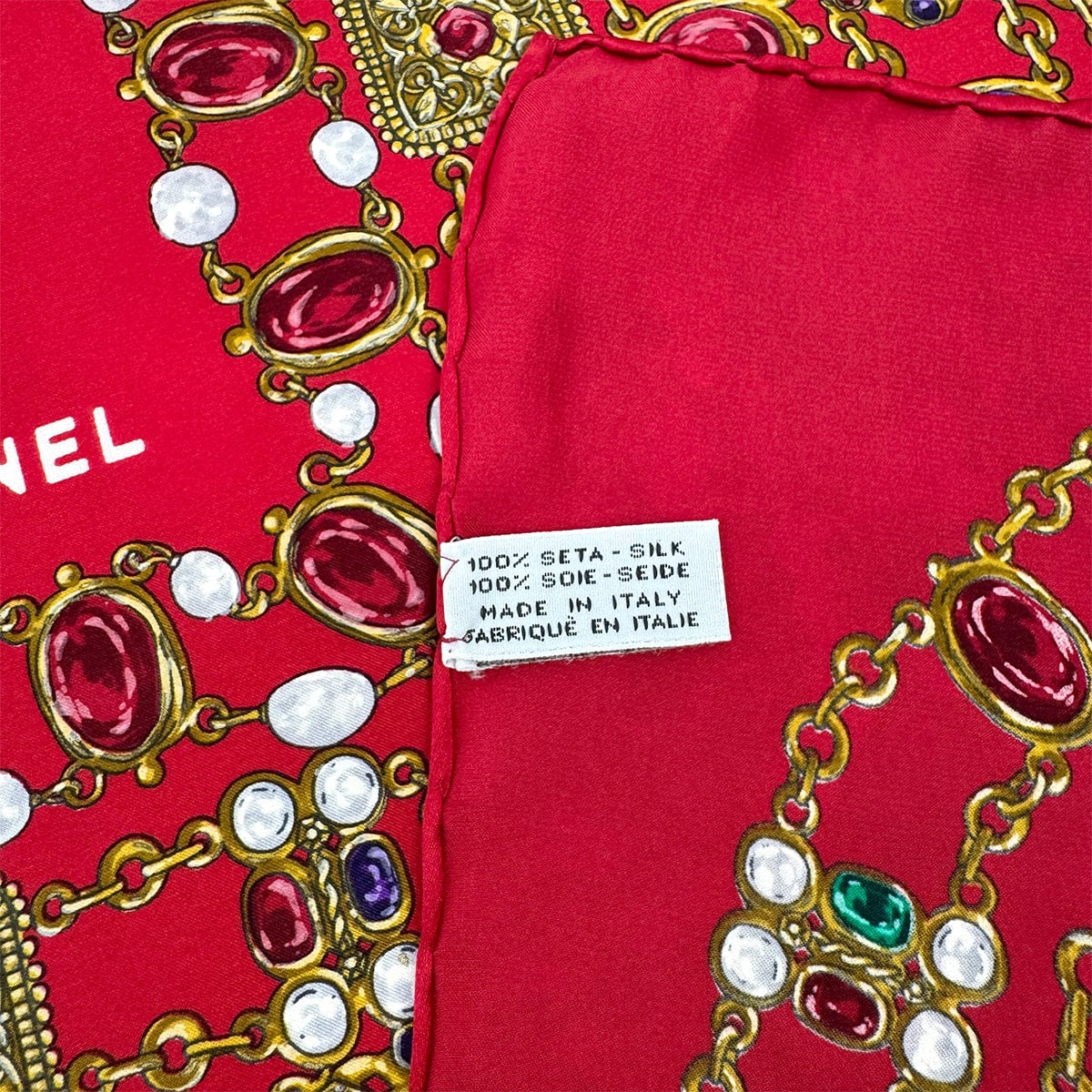 Luxury Promise Japan VINTAGE CHANEL JEWELRY PATTERN SCARF RED MULTICOLOR SILK 90322219
