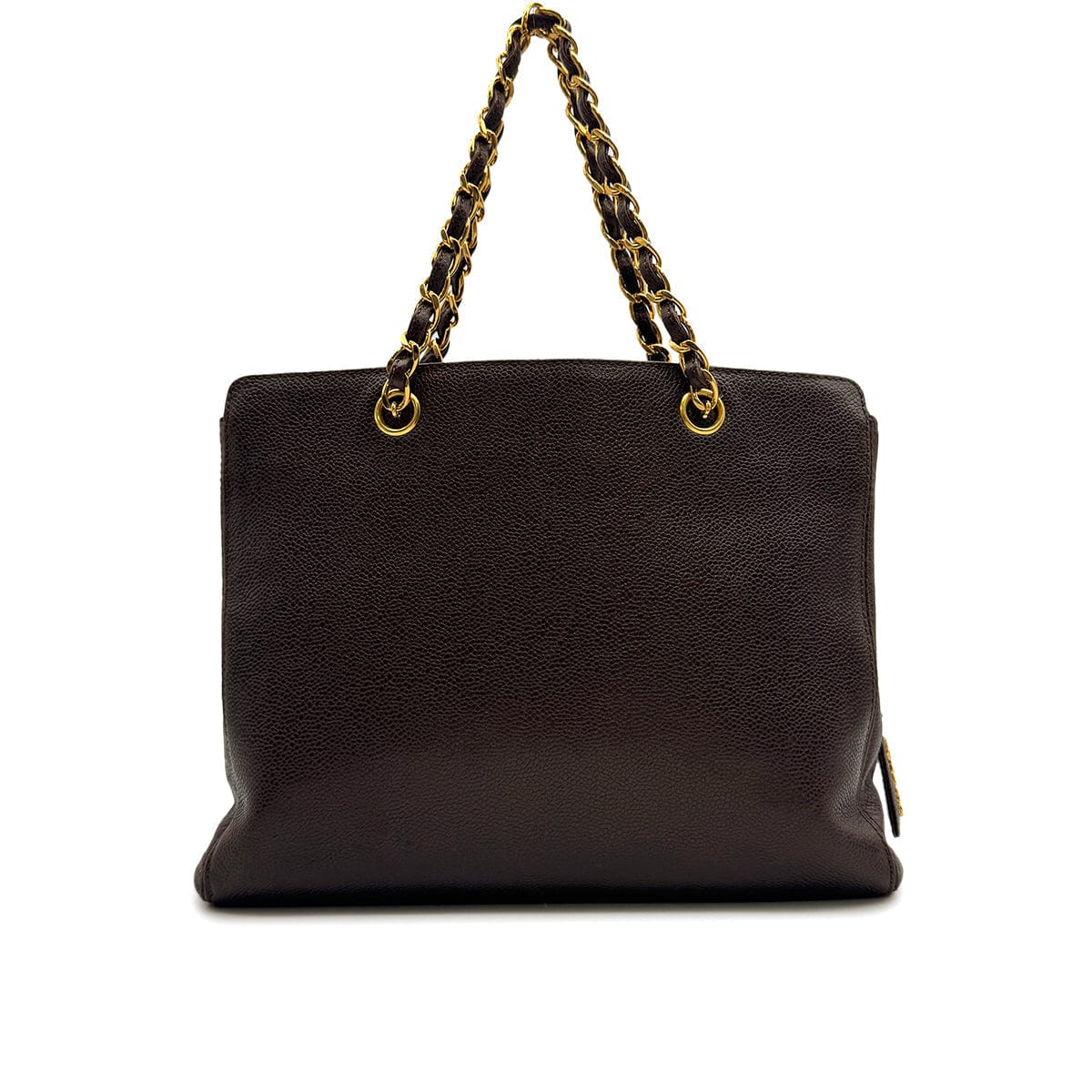Luxury Promise Japan VINTAGE CHANEL LOGO CHAIN TOTE BAG BROWN CAVIAR SKIN GOLD HARDWARE 90315446