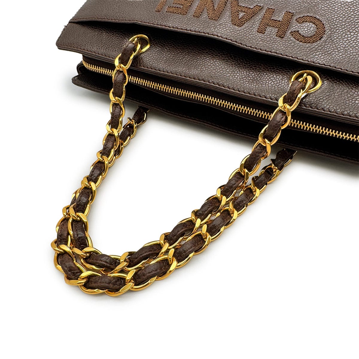 Luxury Promise Japan VINTAGE CHANEL LOGO CHAIN TOTE BAG BROWN CAVIAR SKIN GOLD HARDWARE 90315446