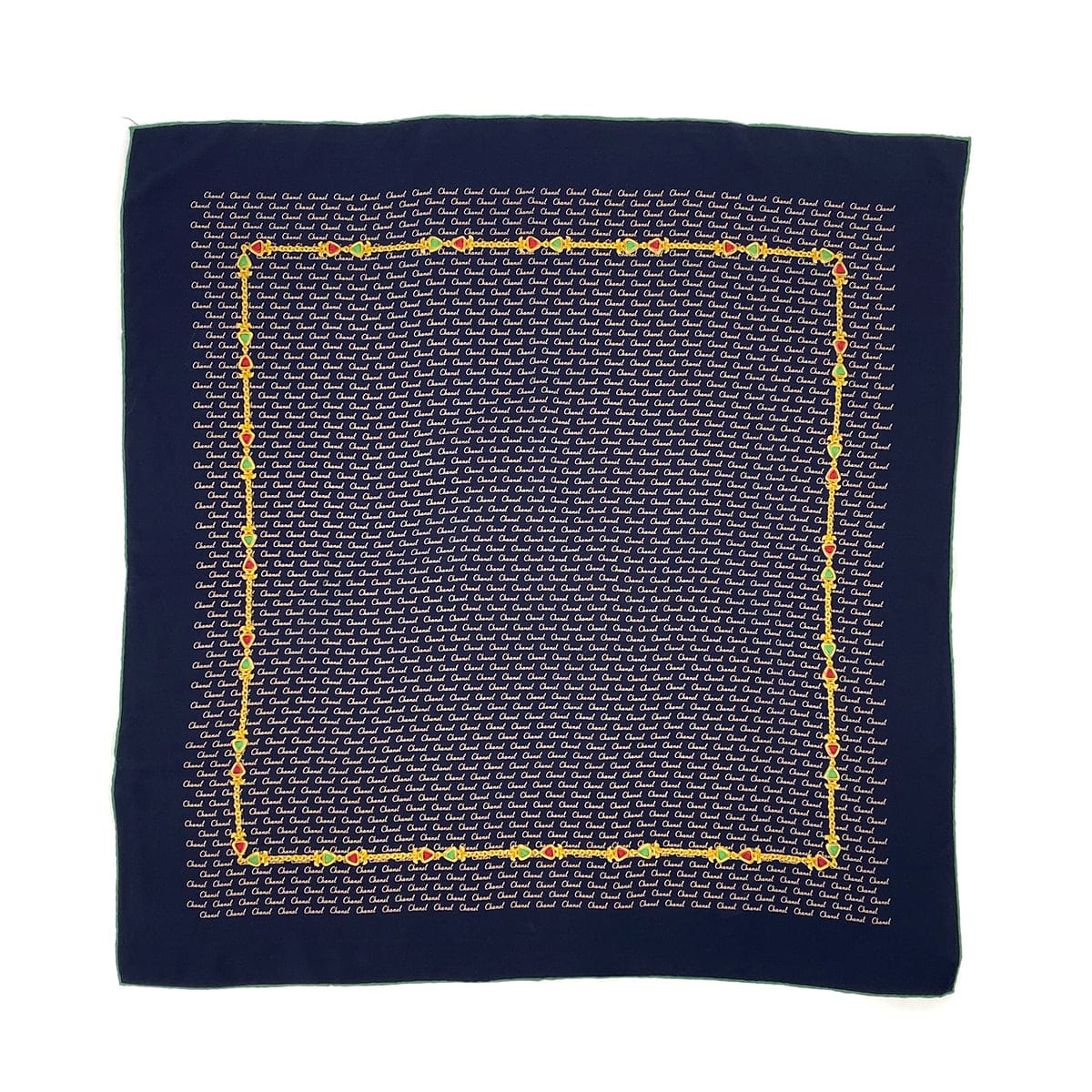 Luxury Promise Japan VINTAGE CHANEL LOGO GRIPOA CHAIN PATTERN SCARF NAVY GREEN SILK 90323119