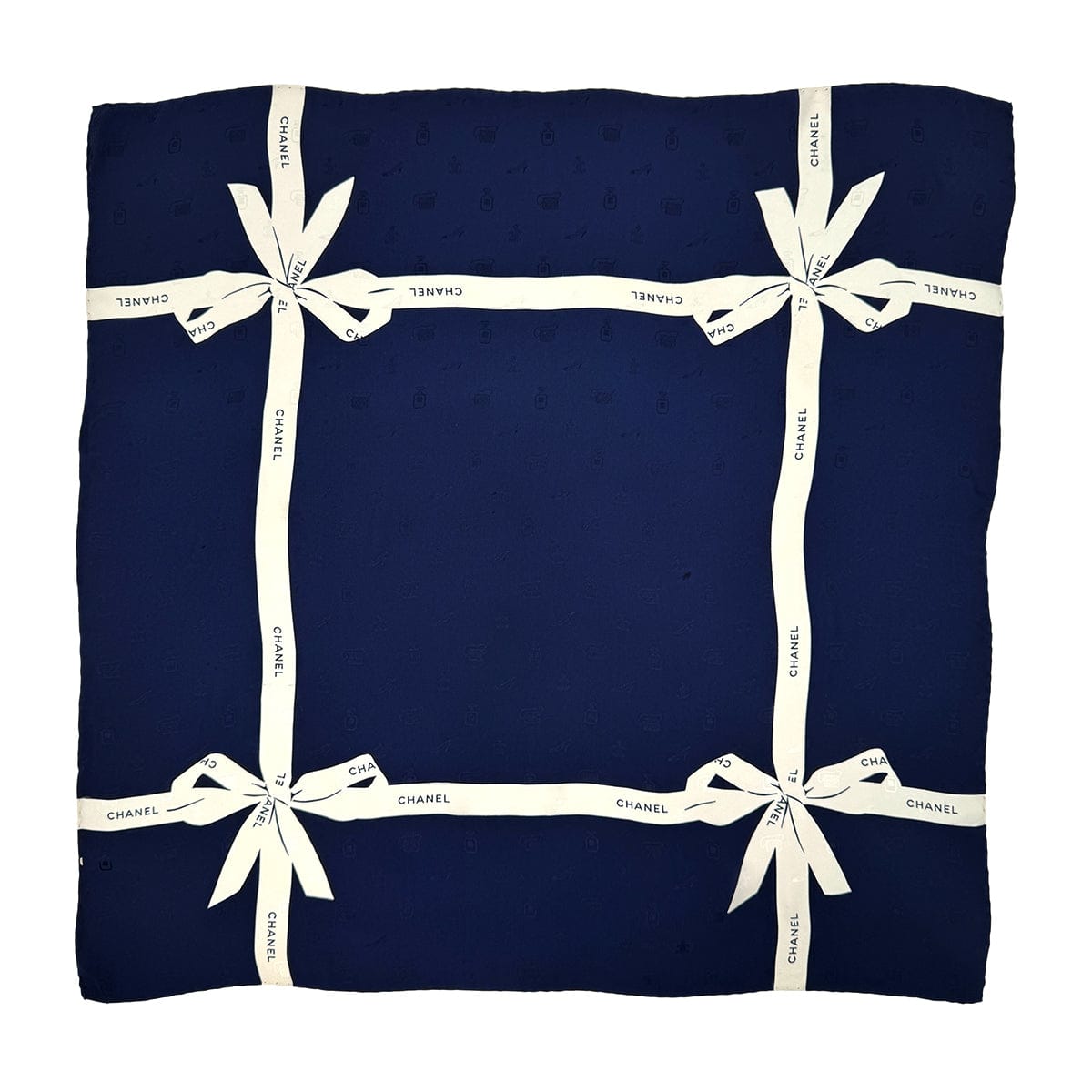 Luxury Promise Japan VINTAGE CHANEL LOGO RIBBON SCARF WHITE NAVY SILK 90319123