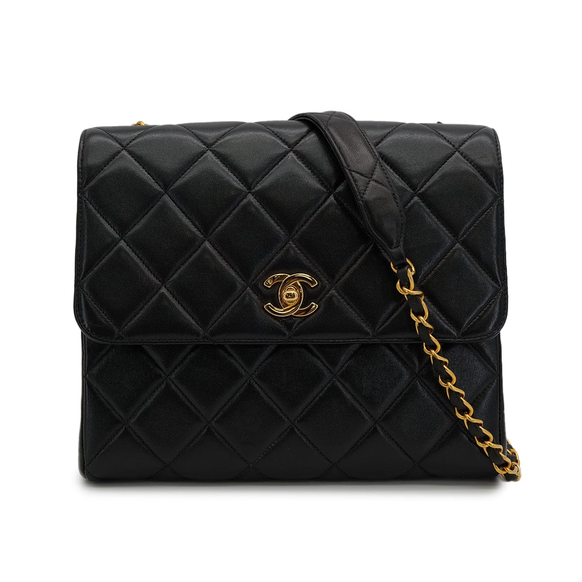 Luxury Promise Japan VINTAGE CHANEL MATELASSE CHAIN SHOULDER BAG BLACK LAMB SKIN GOLD HARDWARE 90314571