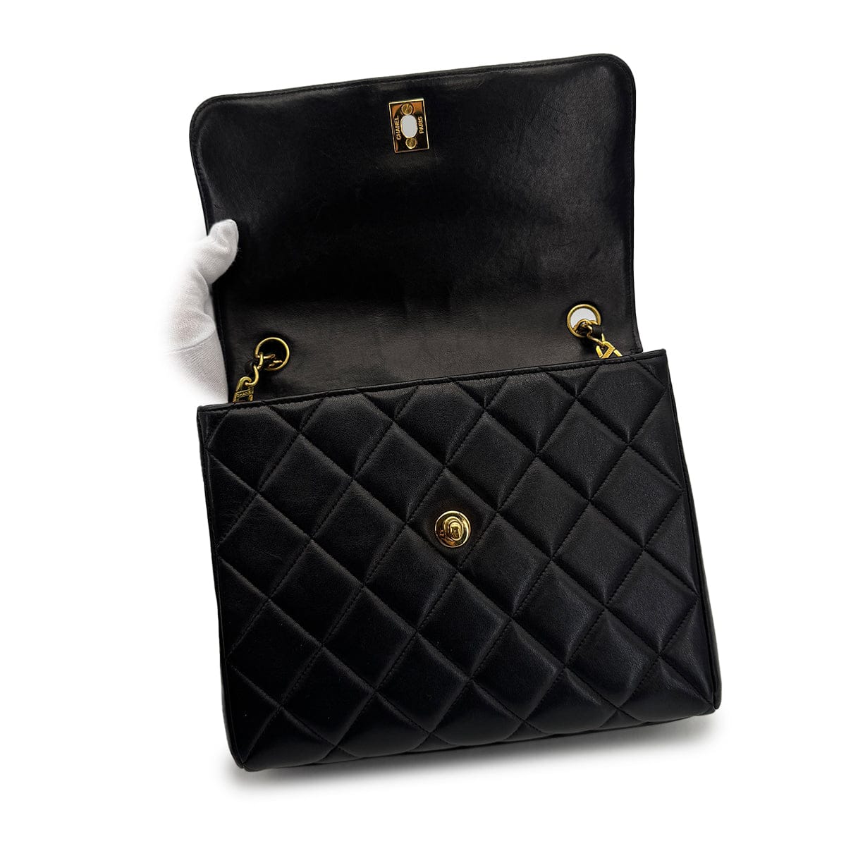 Luxury Promise Japan VINTAGE CHANEL MATELASSE CHAIN SHOULDER BAG BLACK LAMB SKIN GOLD HARDWARE 90314776