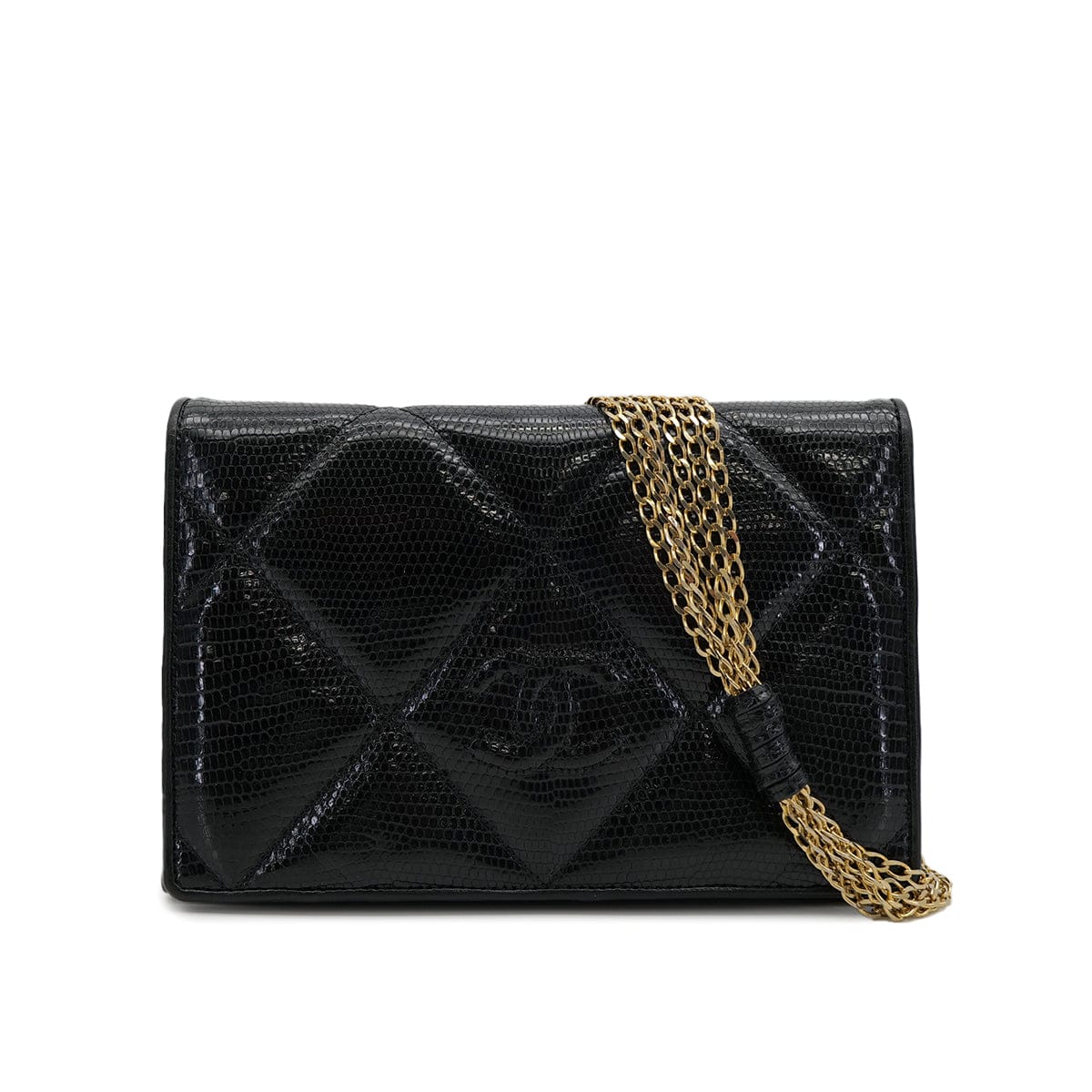 Luxury Promise Japan VINTAGE CHANEL MATELASSE CHAIN SHOULDER BAG BLACK LIZARD GOLD HARDWARE 90314359