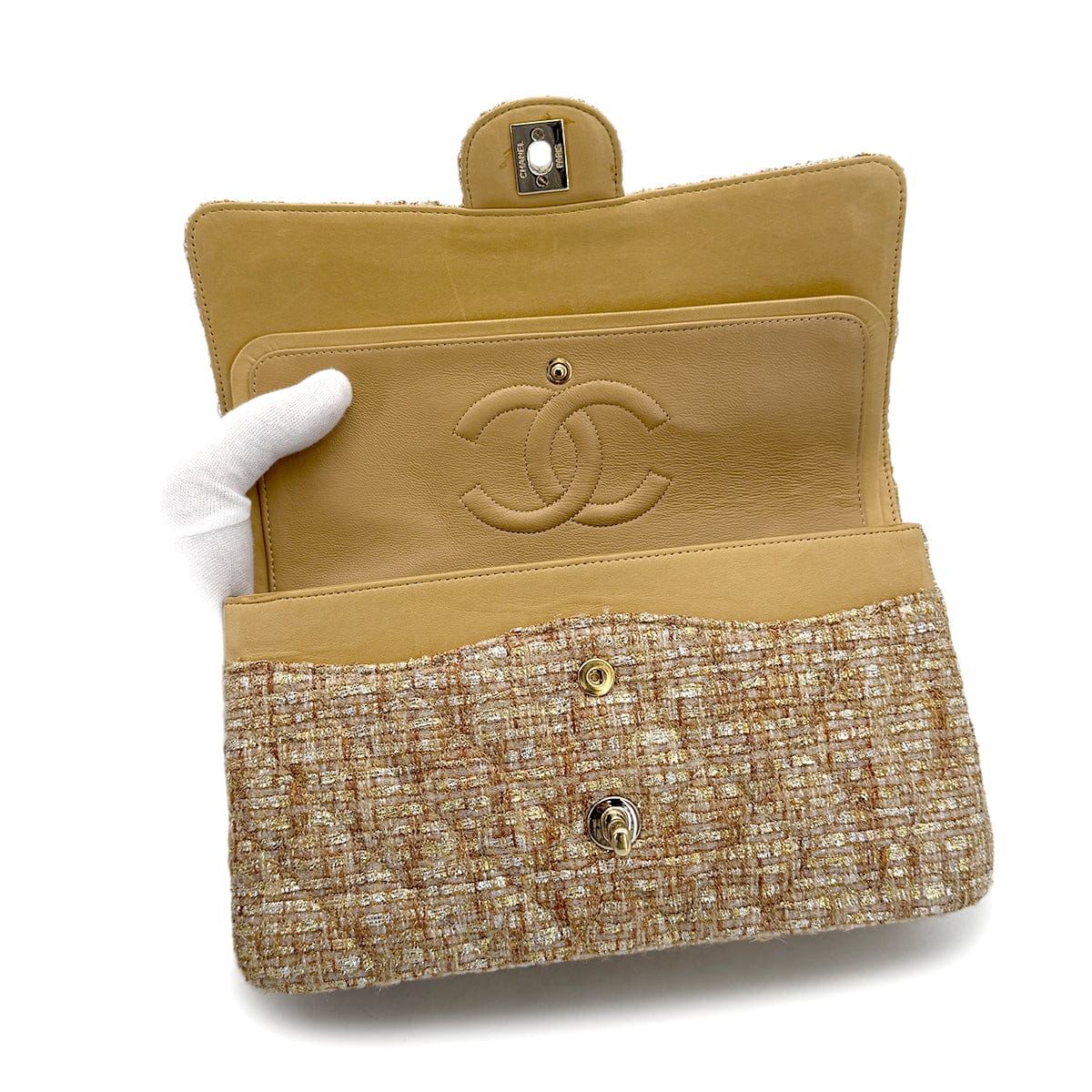 Luxury Promise Japan VINTAGE CHANEL MATELASSE CHAIN SHOULDER BAG GOLD YELLOW TWEED GOLD HARDWARE 90322175