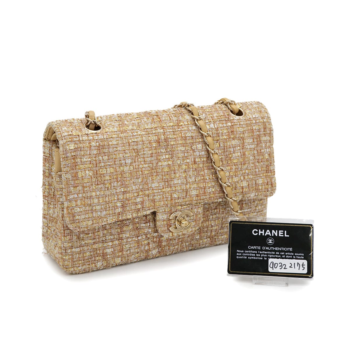 Luxury Promise Japan VINTAGE CHANEL MATELASSE CHAIN SHOULDER BAG GOLD YELLOW TWEED GOLD HARDWARE 90322175