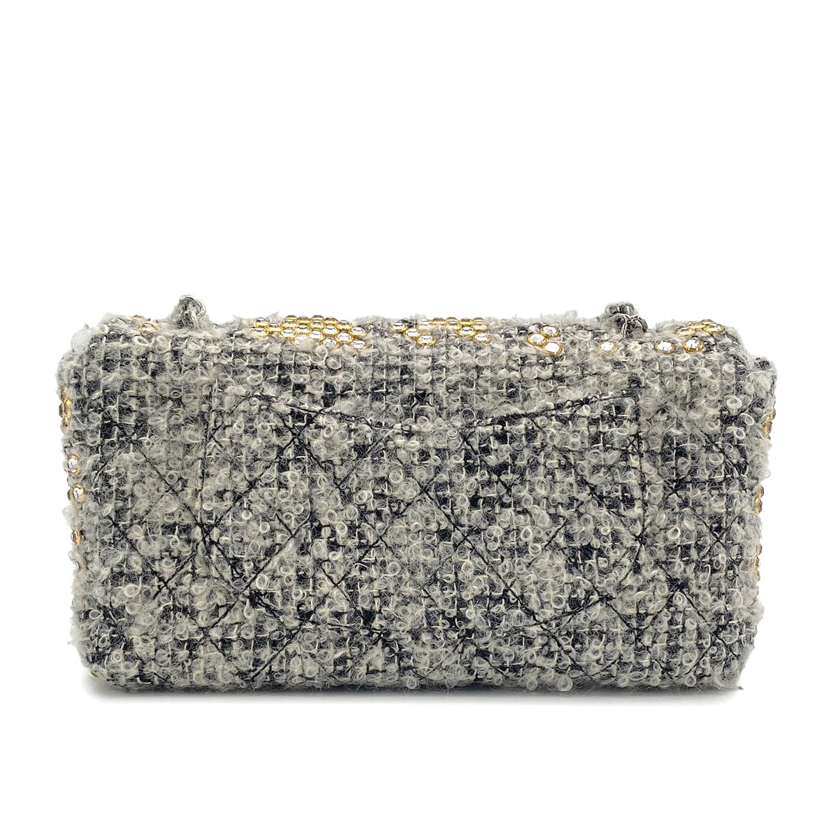 Luxury Promise Japan VINTAGE CHANEL MATELASSE CHAIN SHOULDER BAG GRAY RHINESTONE TWEED SILVER HARDWARE 90318186