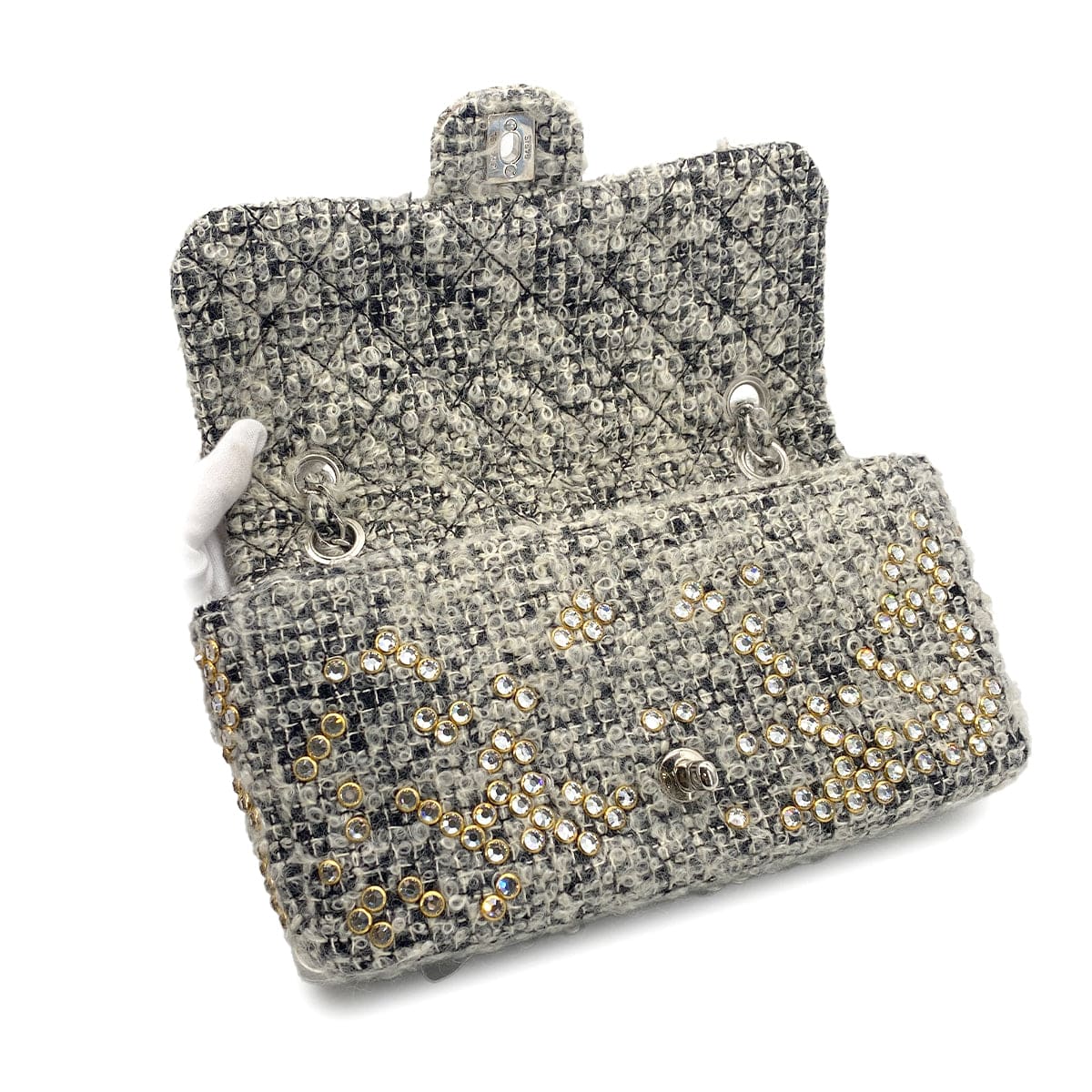 Luxury Promise Japan VINTAGE CHANEL MATELASSE CHAIN SHOULDER BAG GRAY RHINESTONE TWEED SILVER HARDWARE 90318186