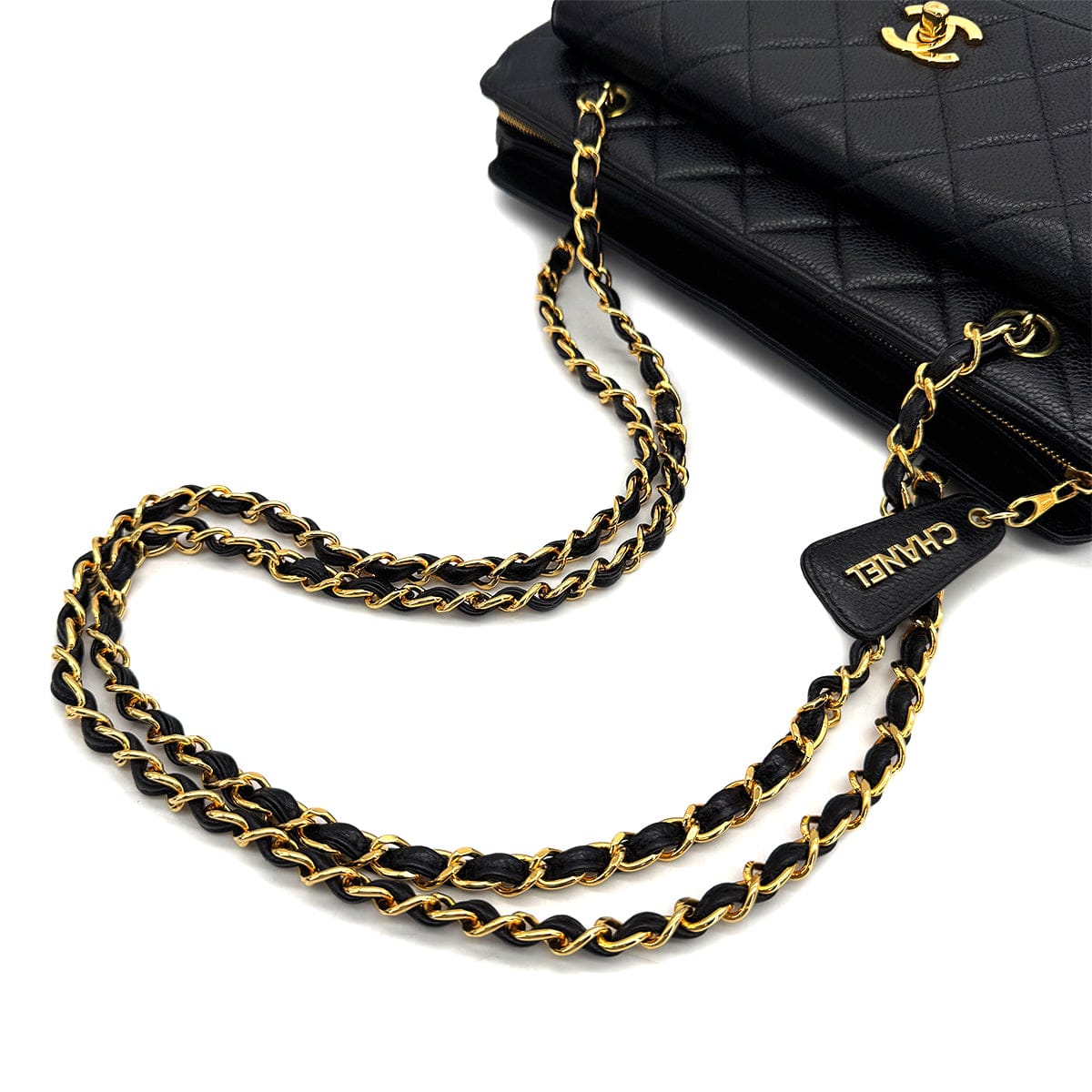 Luxury Promise Japan VINTAGE CHANEL MATELASSE CHAIN TOTE BAG BLACK CAVIAR SKIN GOLD HARDWARE 90318740