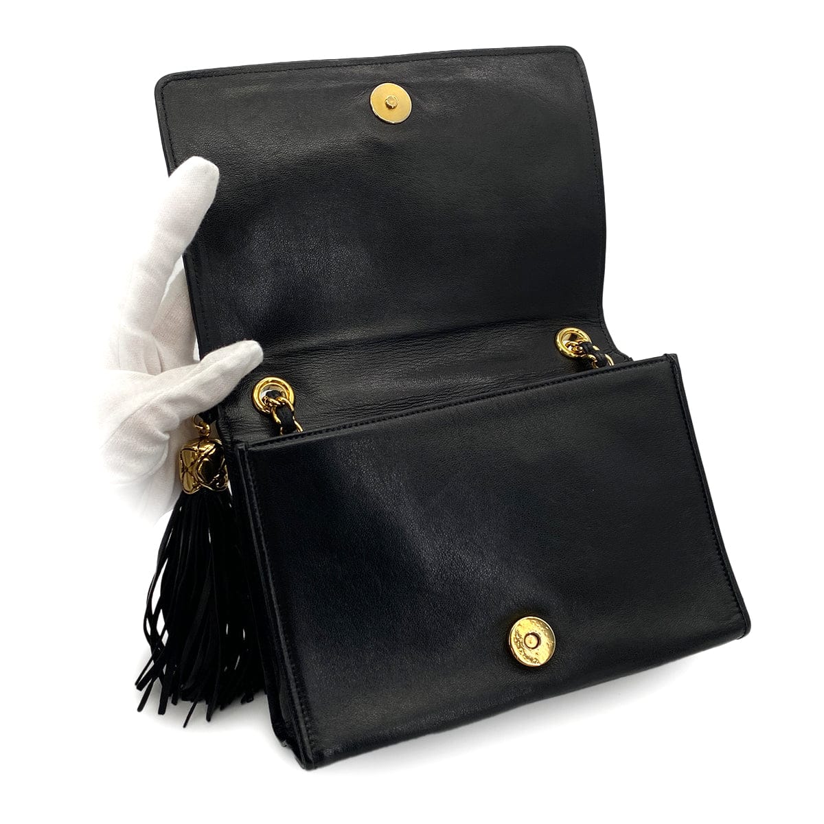 Luxury Promise Japan VINTAGE CHANEL MATELASSE FRINGE CHAIN SHOULDER BAG BLACK LAMB SKIN GOLD HARDWARE 90310329