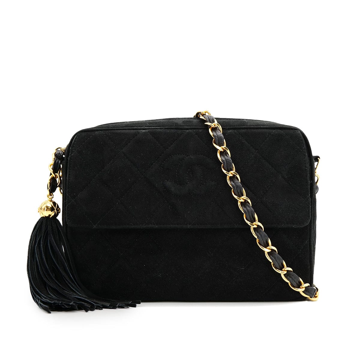 Luxury Promise Japan VINTAGE CHANEL MATELASSE FRINGE CHAIN SHOULDER BAG BLACK SUEDE GOLD HARDWARE 90317772