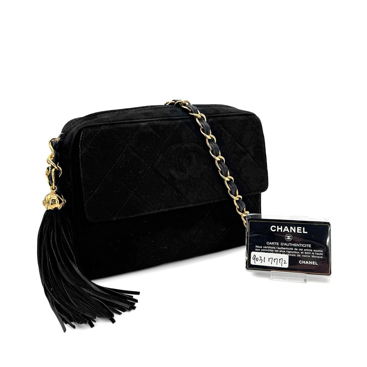 Luxury Promise Japan VINTAGE CHANEL MATELASSE FRINGE CHAIN SHOULDER BAG BLACK SUEDE GOLD HARDWARE 90317772