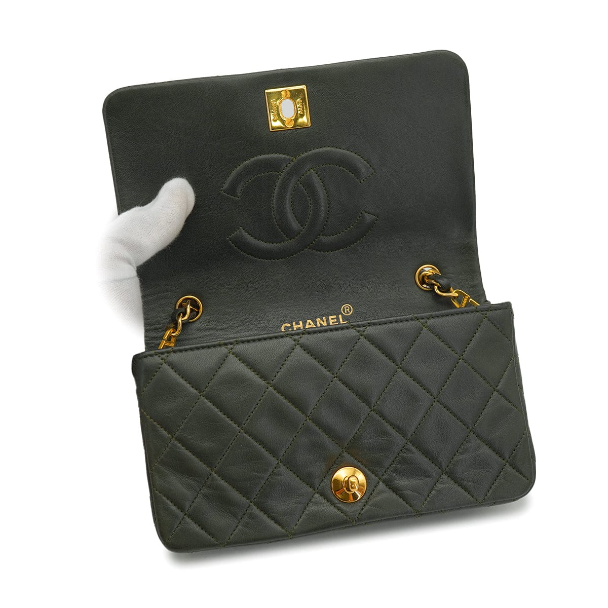 Luxury Promise Japan VINTAGE CHANEL MATELASSE FULL FLAP CHAIN SHOULDER BAG DARK GREEN LAMB SKIN GOLD HARDWARE 90328119