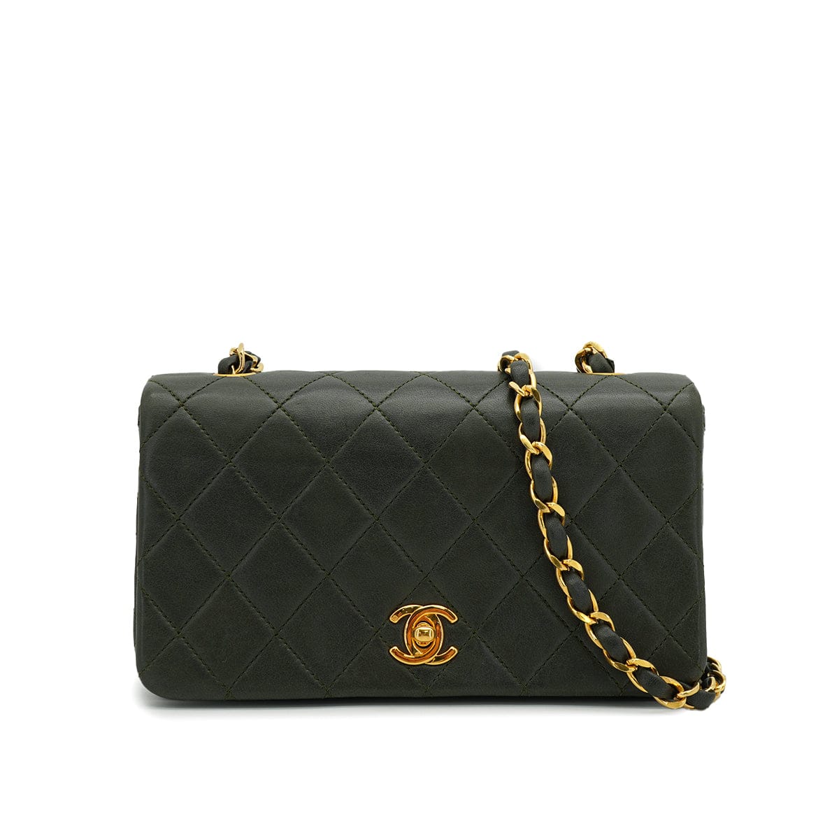 Luxury Promise Japan VINTAGE CHANEL MATELASSE FULL FLAP CHAIN SHOULDER BAG DARK GREEN LAMB SKIN GOLD HARDWARE 90328119
