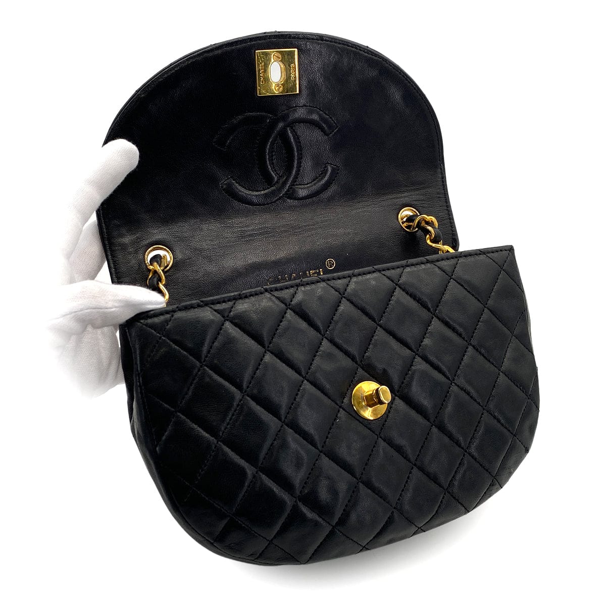 Luxury Promise Japan VINTAGE CHANEL MATELASSE HALF MOON CHAIN SHOULDER BAG BLACK LAMB SKIN 90317916