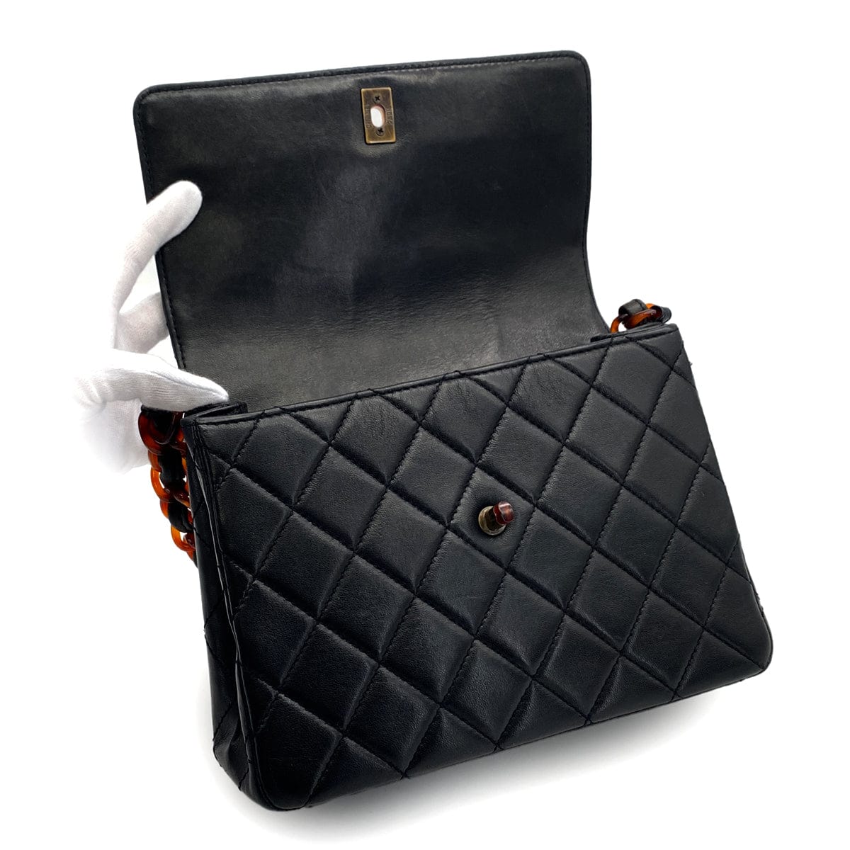 Luxury Promise Japan VINTAGE CHANEL MATELASSE TORTOISESHELL CHAIN SHOULDER BAG BLACK LAMB SKIN 90324818