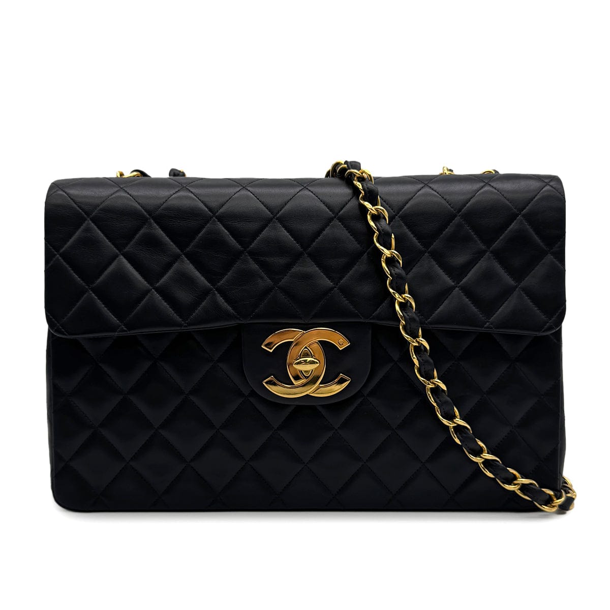 Luxury Promise Japan VINTAGE CHANEL MAXI MATELASSE 34 CHAIN SHOULDER BAG BLACK LAMB SKIN GOLD HARDWARE 90313536