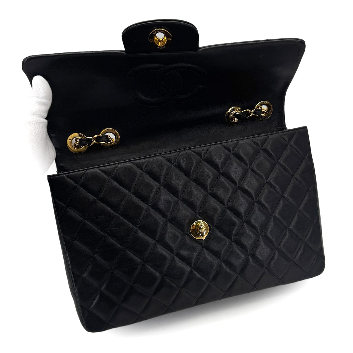 Luxury Promise Japan VINTAGE CHANEL MAXI MATELASSE 34 CHAIN SHOULDER BAG BLACK LAMB SKIN GOLD HARDWARE 90318289