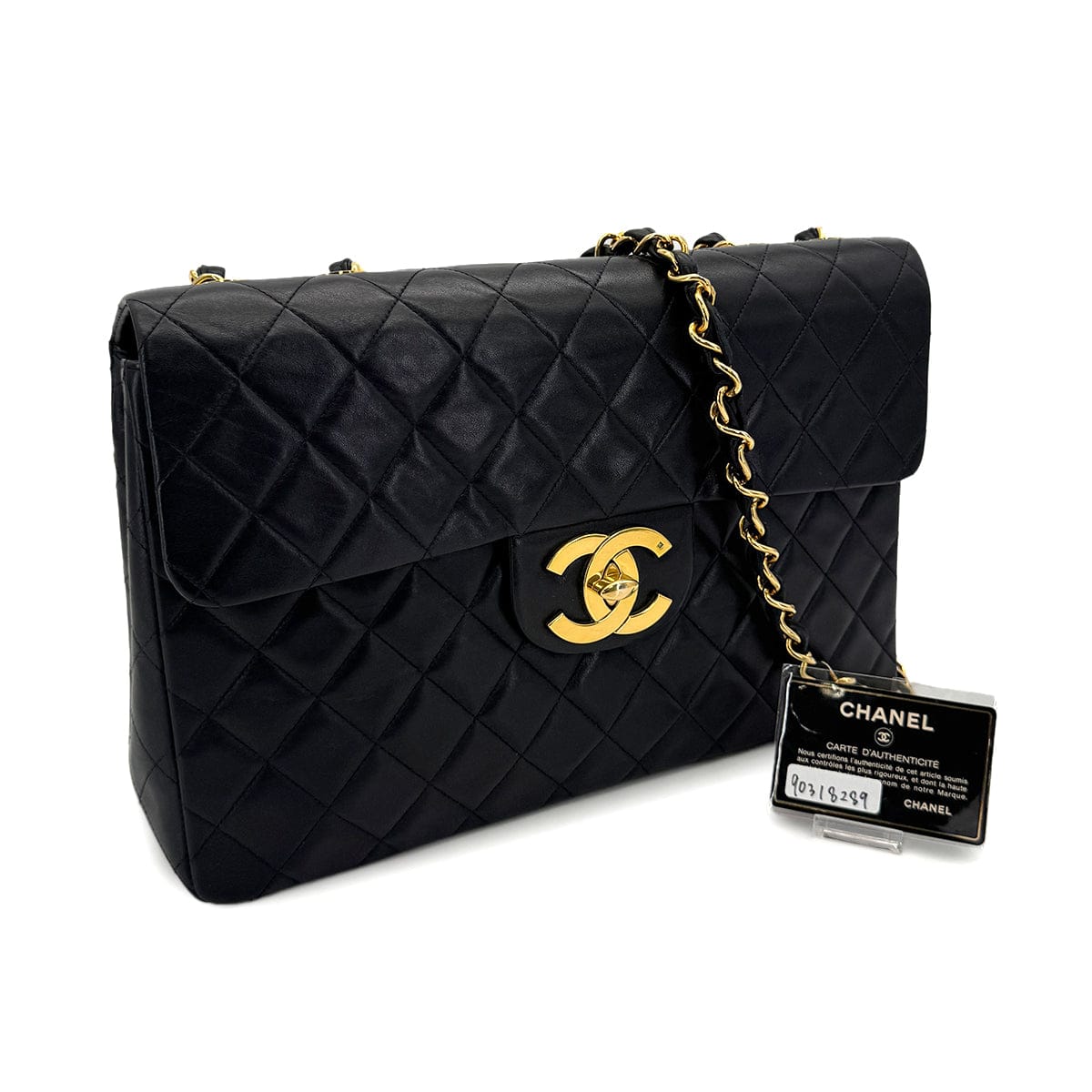 Luxury Promise Japan VINTAGE CHANEL MAXI MATELASSE 34 CHAIN SHOULDER BAG BLACK LAMB SKIN GOLD HARDWARE 90318289
