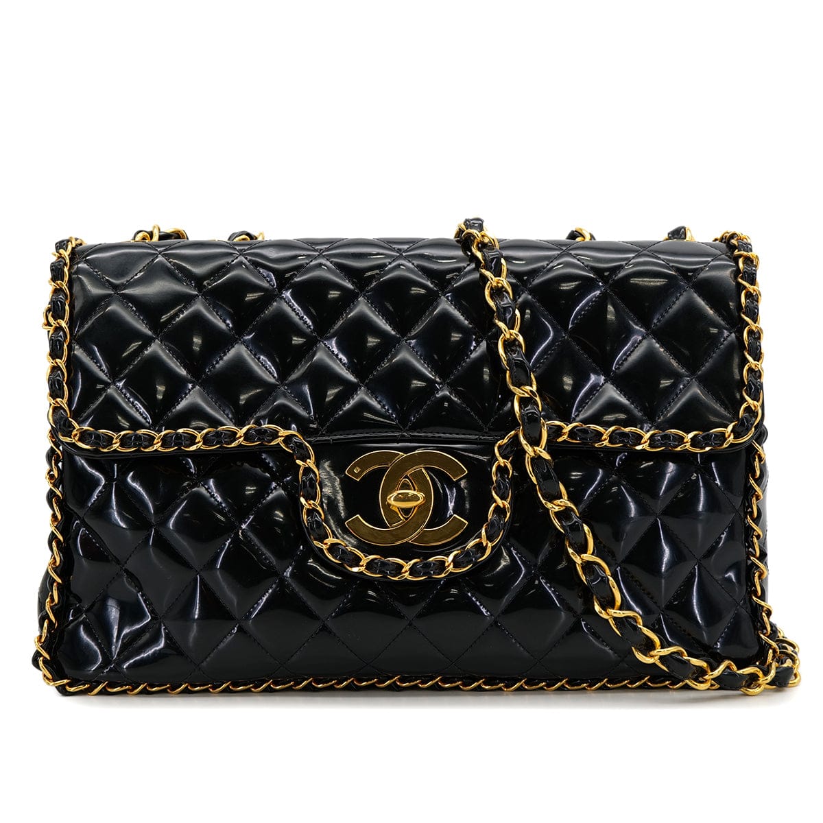 Luxury Promise Japan VINTAGE CHANEL MAXI MATELASSE 34 CHAIN SHOULDER BAG BLACK PATENT LEATHER GOLD HARDWARE 90318756