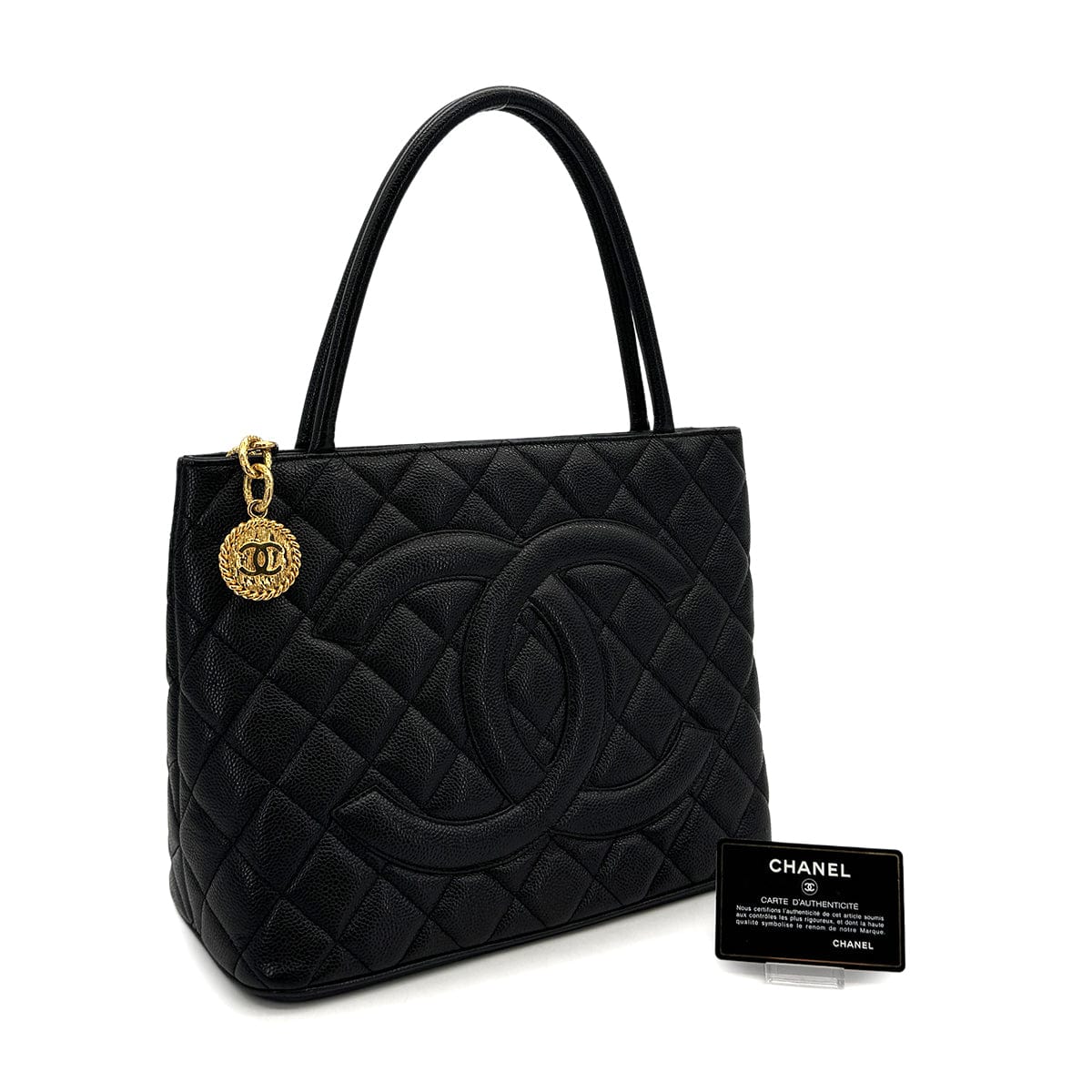 Luxury Promise Japan VINTAGE CHANEL MEDALLION MATELLASSE TOTE BAG BLACK CAVIAR SKIN GOLD HARDWARE 90319923