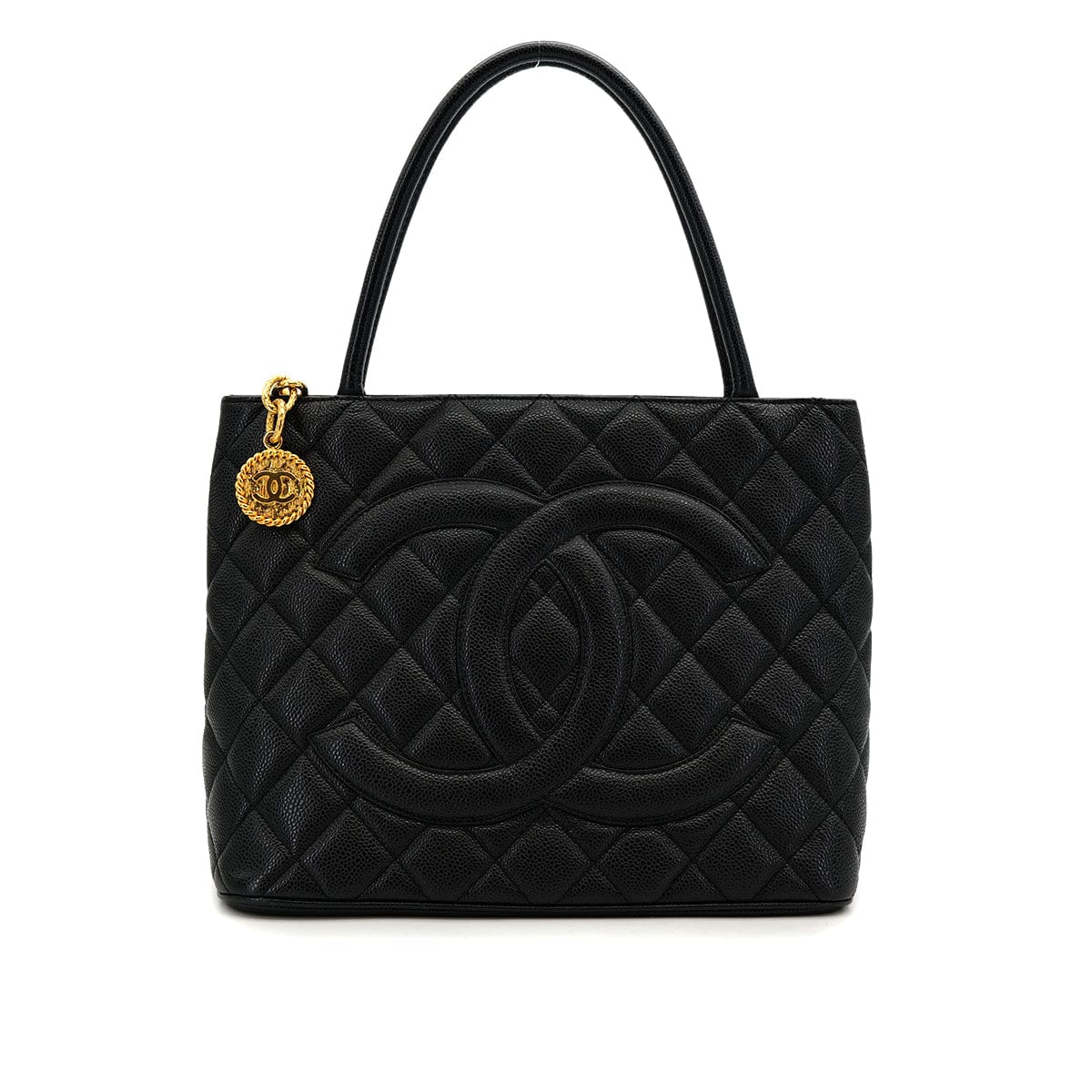 Luxury Promise Japan VINTAGE CHANEL MEDALLION MATELLASSE TOTE BAG BLACK CAVIAR SKIN GOLD HARDWARE 90319923