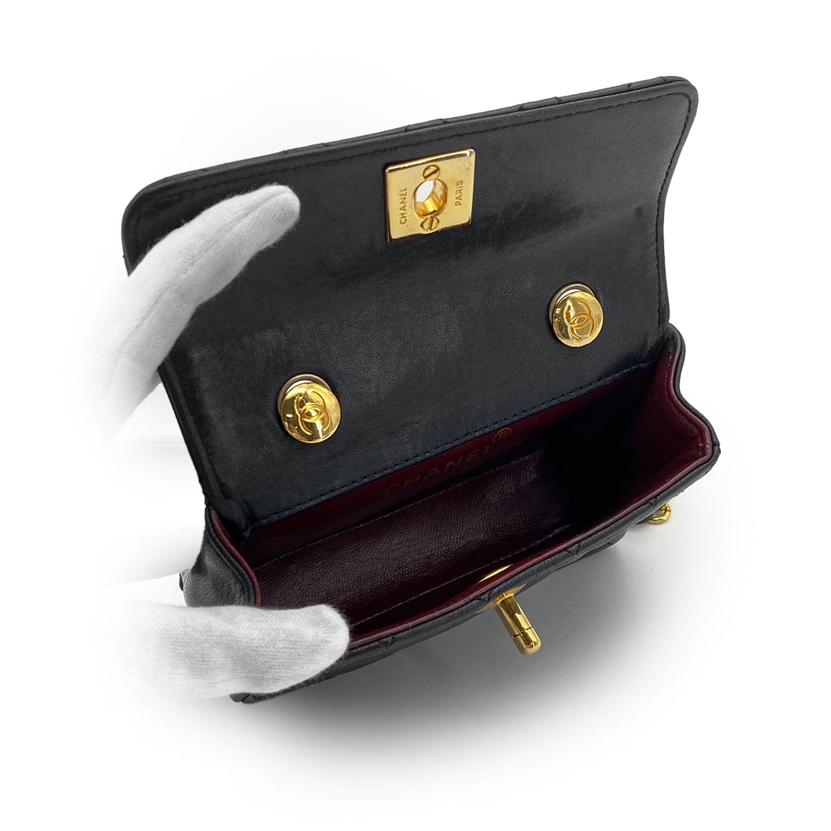Luxury Promise Japan VINTAGE CHANEL MINI MATELASSE CHAIN SHOULDER BAG BLACK LAMB SKIN GOLD HARDWARE 90315020