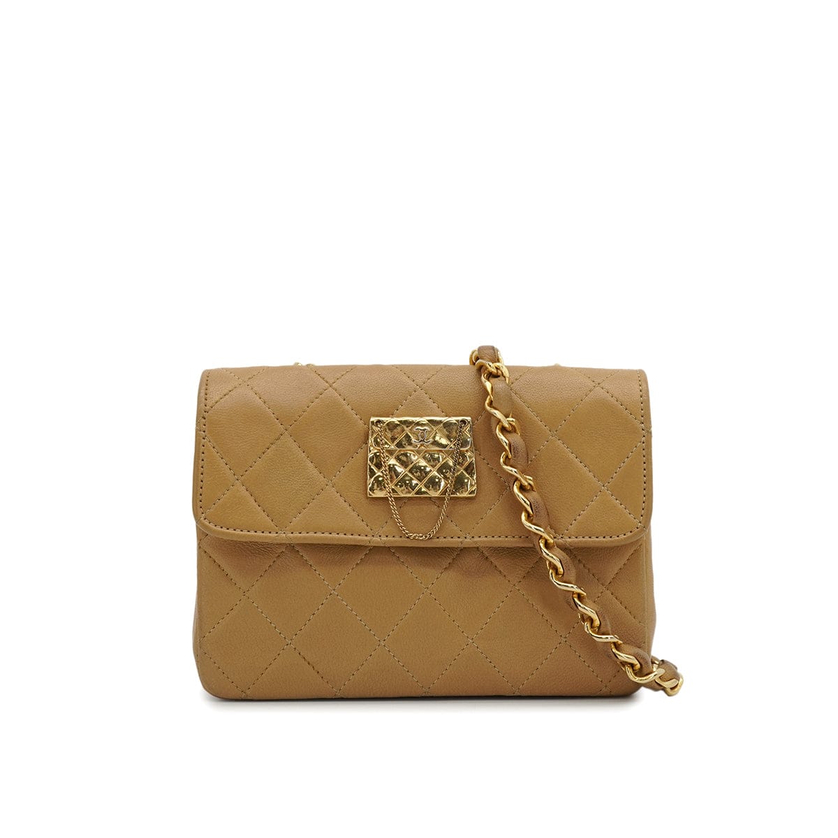 Luxury Promise Japan VINTAGE CHANEL MINI MATELLASSE MOTIF CHAIN SHOULDER BAG BEIGE LAMB SKIN GOLD HARDWARE 90345509