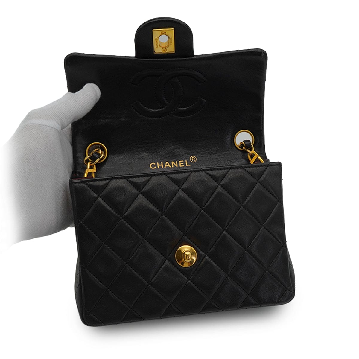 Luxury Promise Japan VINTAGE CHANEL MINI SQUARE 17 CHAIN SHOULDER BAG BLACK LAMB SKIN GOLD HARDWARE 90346665