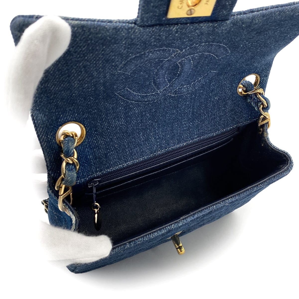 Luxury Promise Japan VINTAGE CHANEL MINI SQUARE 17 CHAIN SHOULDER BAG BLUE DENIM GOLD HARDWAR 90234630