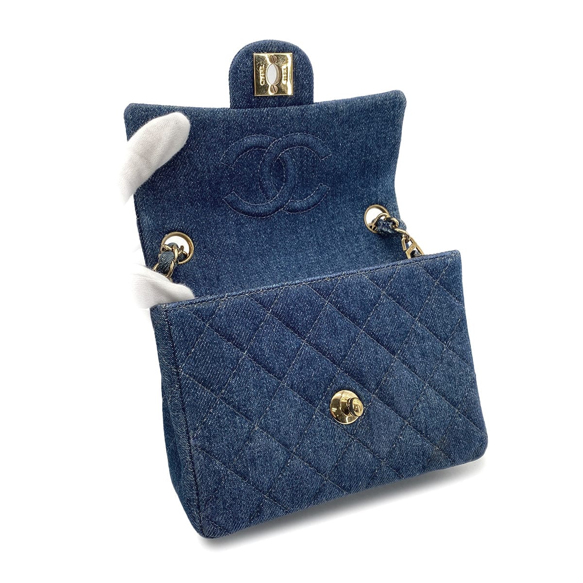 Luxury Promise Japan VINTAGE CHANEL MINI SQUARE 17 CHAIN SHOULDER BAG BLUE DENIM GOLD HARDWAR 90234630