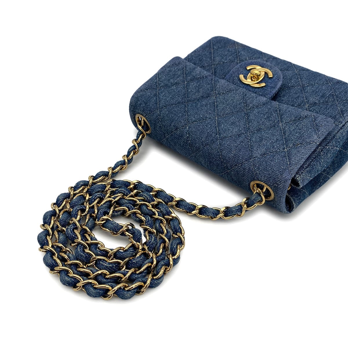 Luxury Promise Japan VINTAGE CHANEL MINI SQUARE 17 CHAIN SHOULDER BAG BLUE DENIM GOLD HARDWAR 90234630